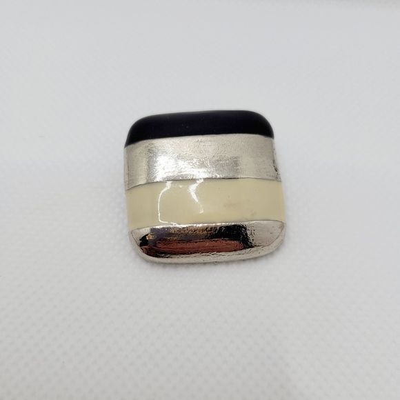 Retro Mid-Century Square Striped Pin Silver Black Ivory Enamel - Picture 2 of 5